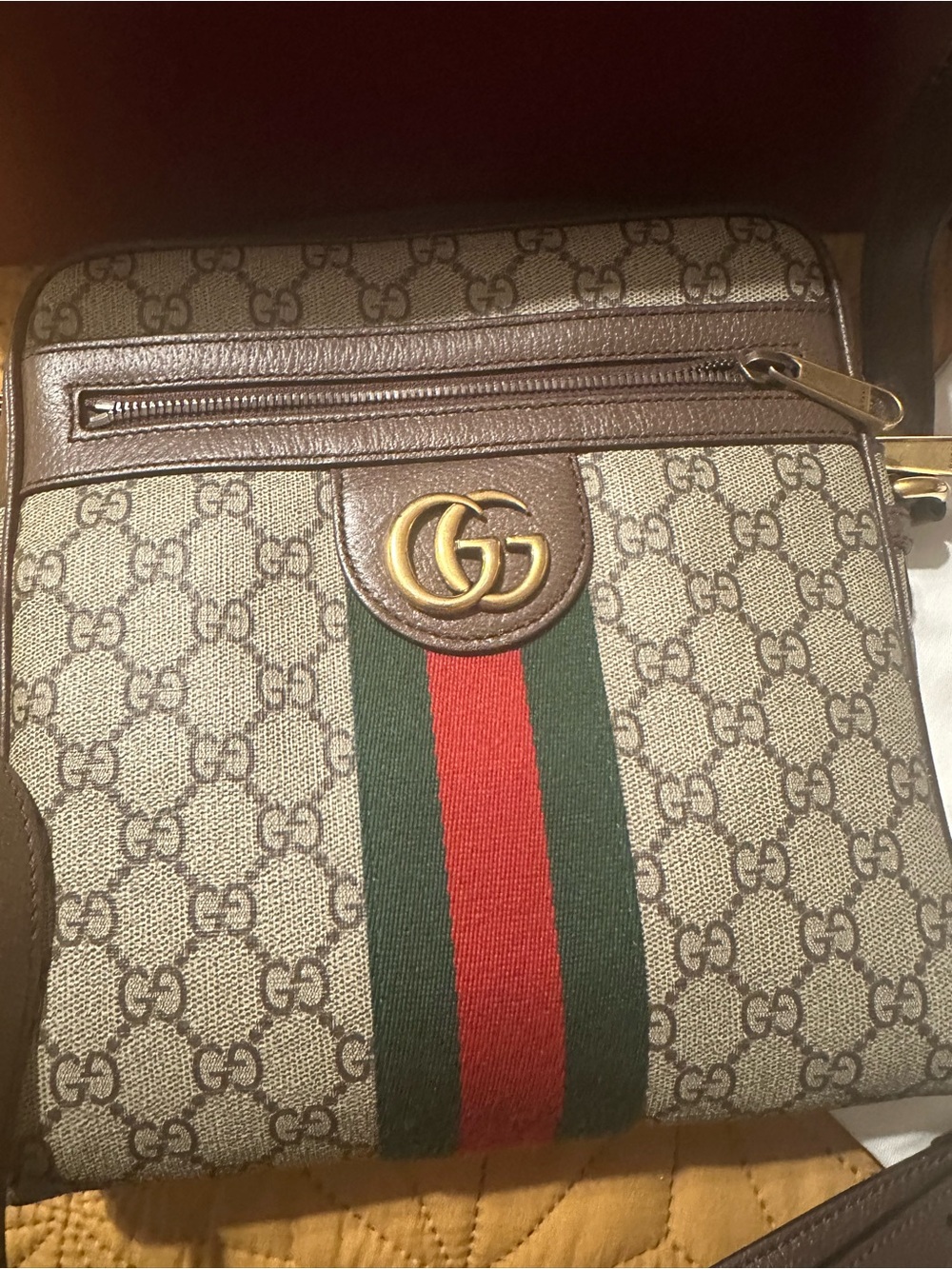 Gucci Brown GG Supreme Crossbody with Green and Red Web Stripe